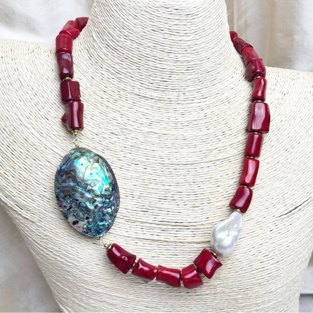 Handmade Coral Abalone Pearl Beaded Statement Necklace - Picture 4 of 8